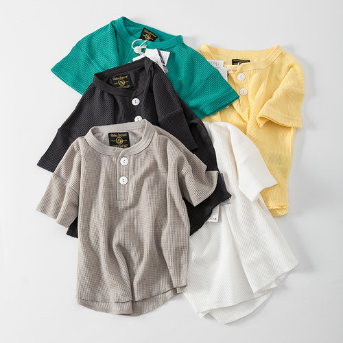 沐沐家童装日单MARKEYS新款夏宽松T恤华夫格潮牌亨利领亲子YA3206