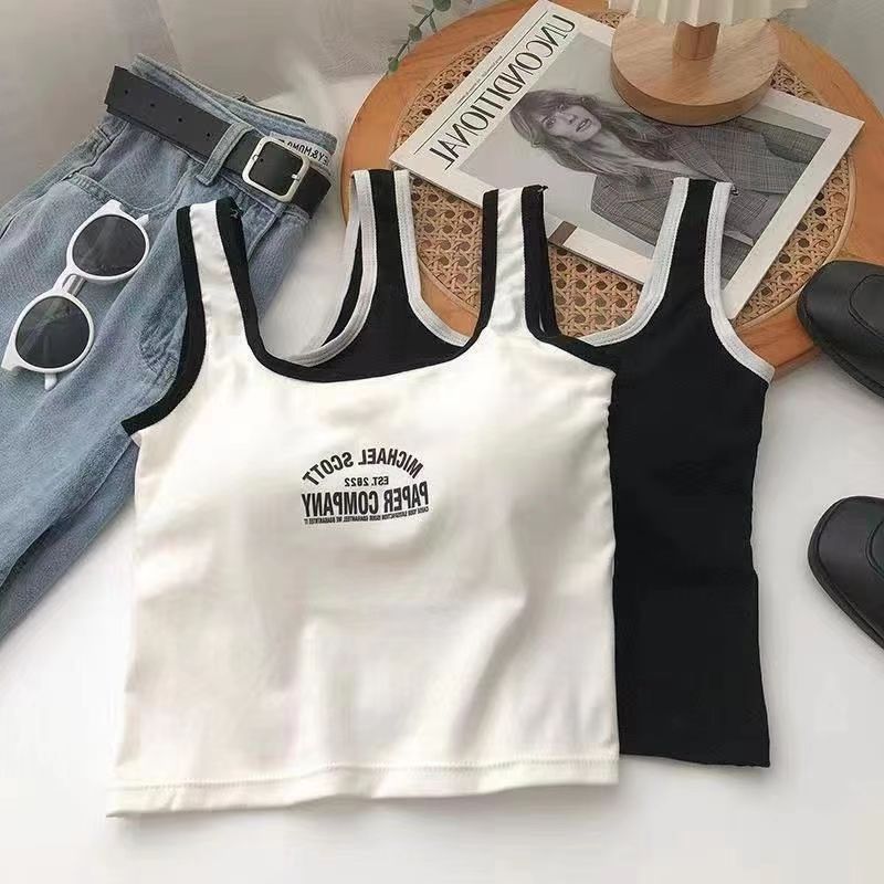 字母印花吊带背心女带胸垫辣妹纯棉短款美背裹胸外穿打底内搭