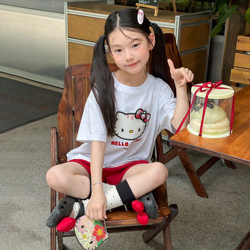 艾摩贝贝儿童可爱甜美小猫T恤潮女童个性卡通自由魔术贴猫咪短袖