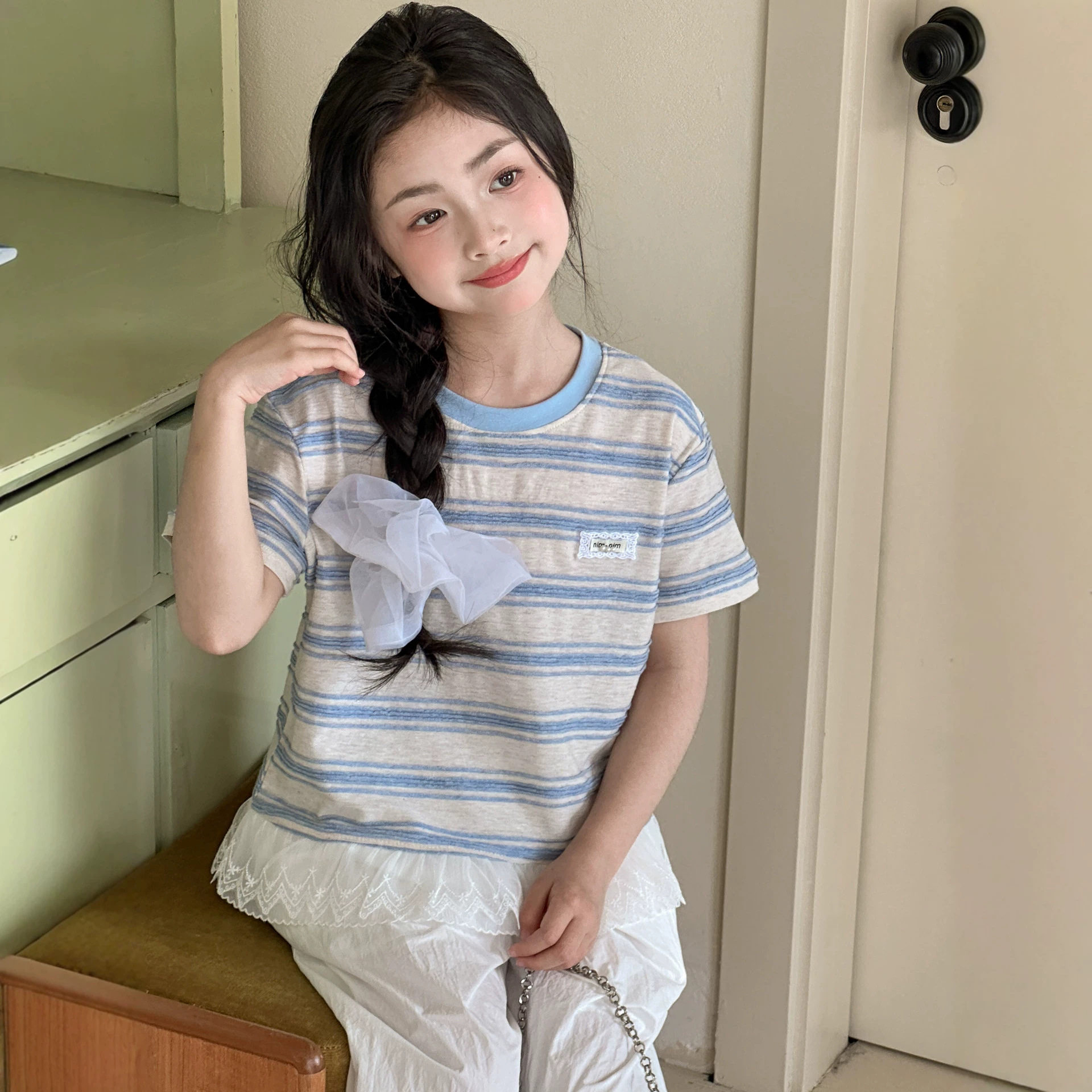 小红鱼条纹短袖T恤夏装2026新款女童夏季亲子装花边半袖韩国童装