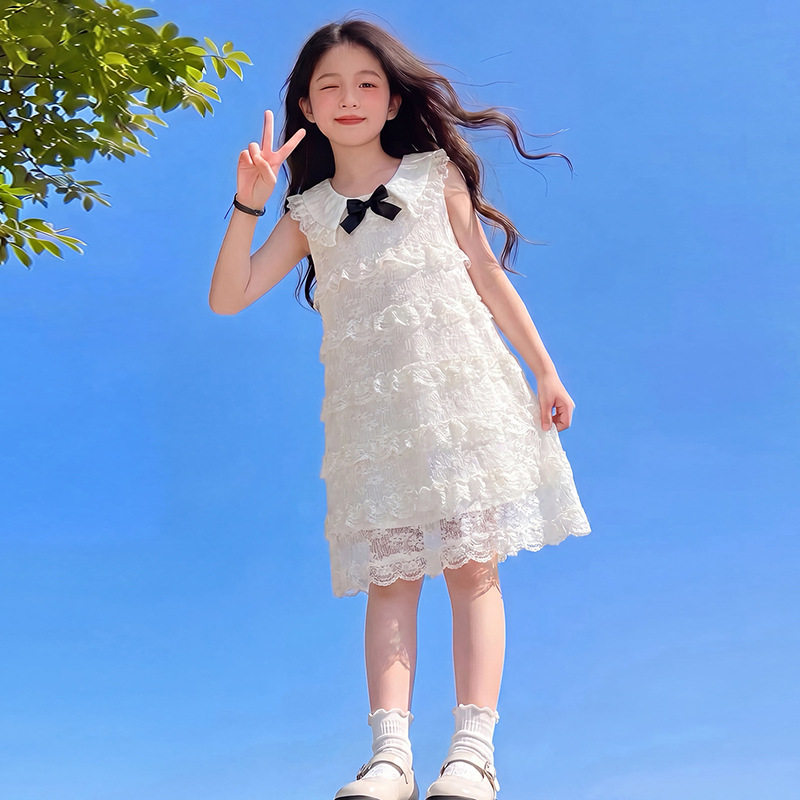 女童连衣裙夏季新款小女孩韩系高级感蕾丝蛋糕裙法式娃娃领公主裙