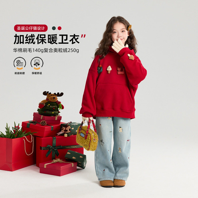 布丁哈鲁童装新款卫衣女童圣诞公仔猫红色连帽加绒卫衣儿童拜年服