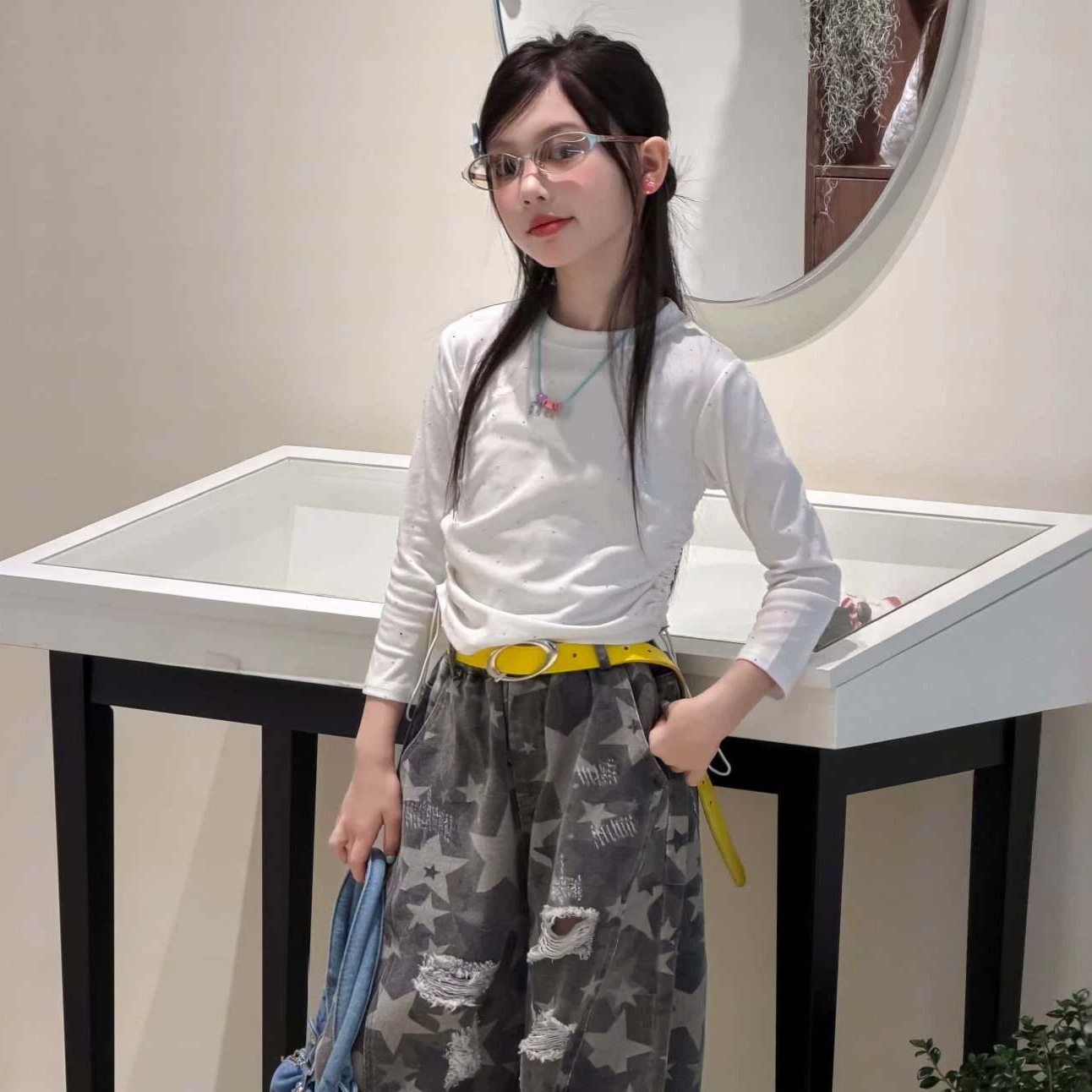 中大童女童抽绳收腰长袖打底衫细闪钻修身T恤儿童辣妹风上衣t恤衫