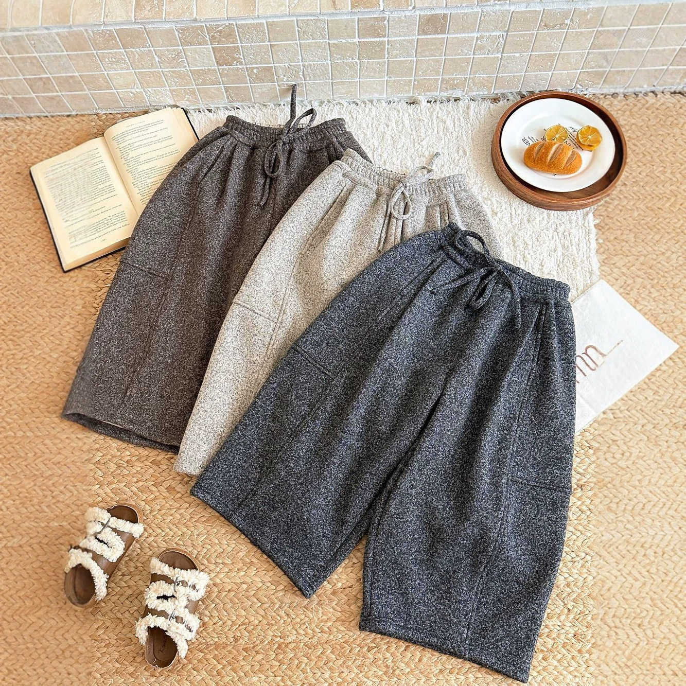 半柚童裤2026冬季男童女童韩版毛呢系带长裤儿童加绒休闲阔腿裤子