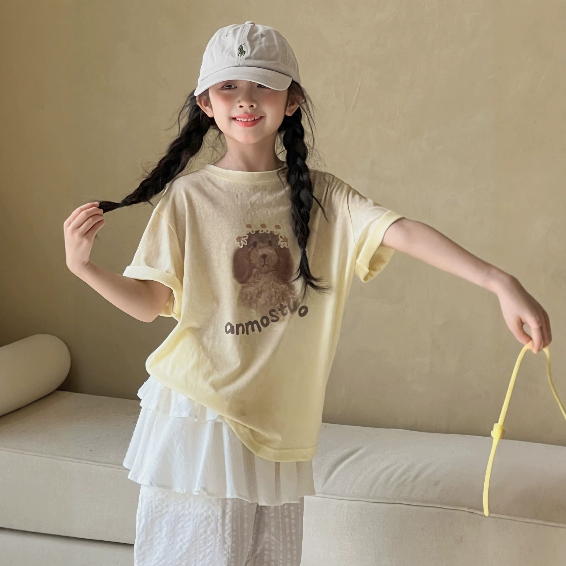 小红鱼女童棉麻短袖T恤夏装2026韩国童装亲子夏季五分袖儿童上衣
