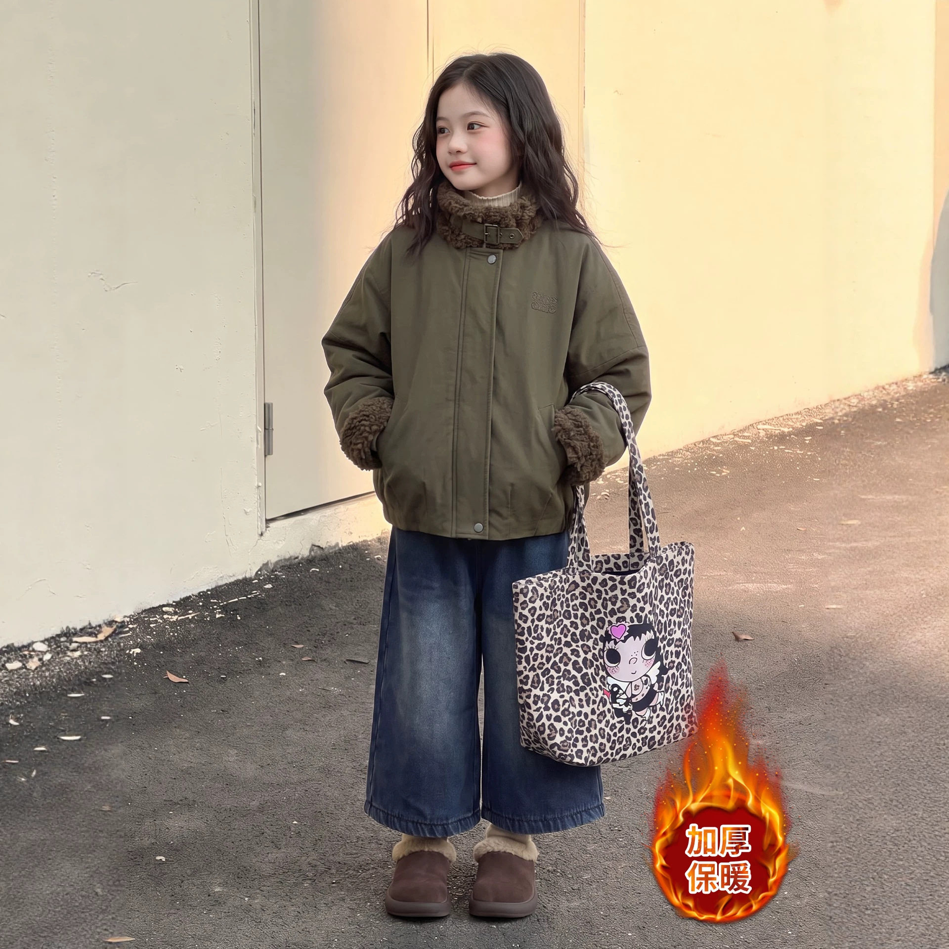 女童加厚毛绒领派克服外套秋冬2026新款韩版青少年女孩休闲棉衣服