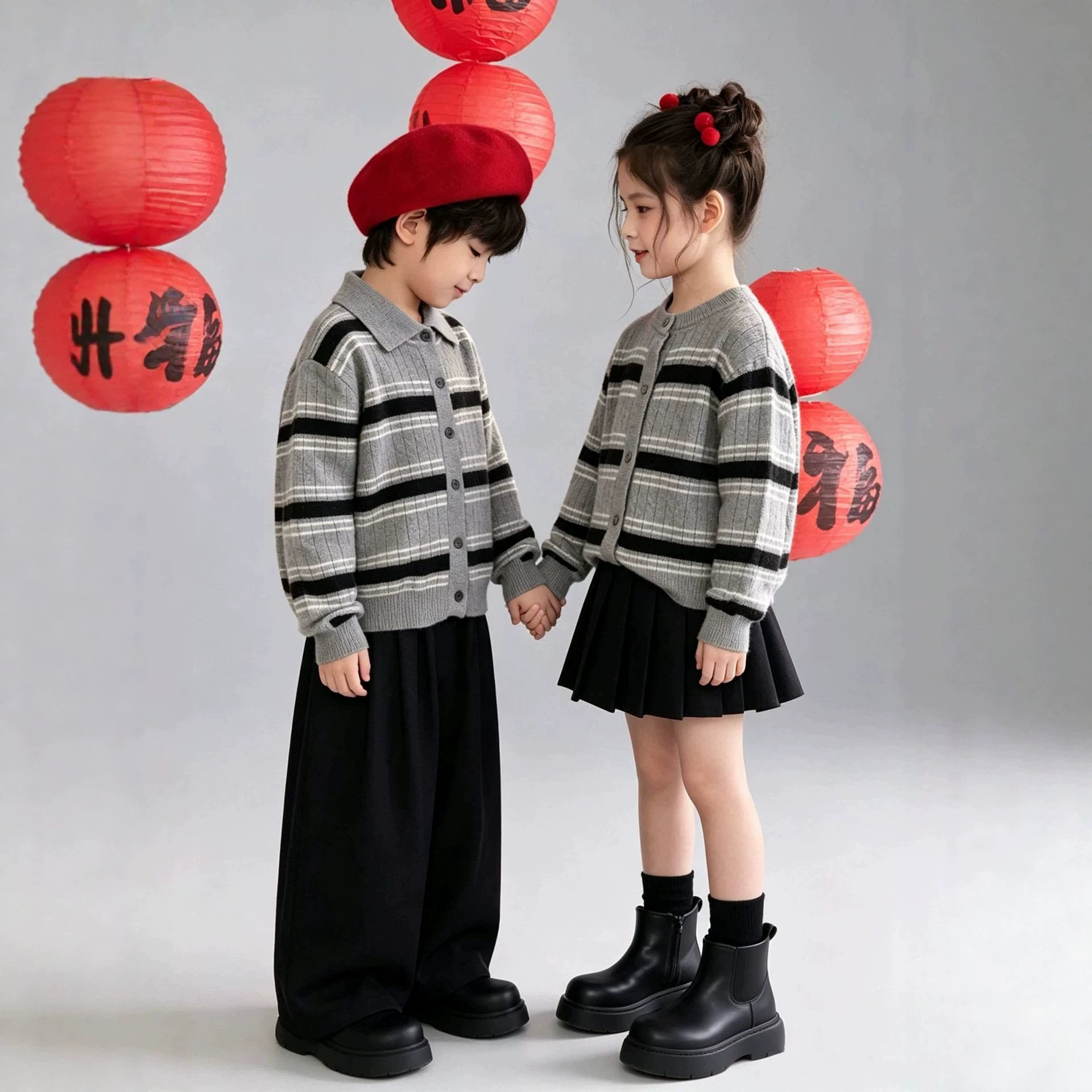 姐弟毛衣秋冬新款男女套装童针织衫拜年服兄妹红色圆领新年服跨境