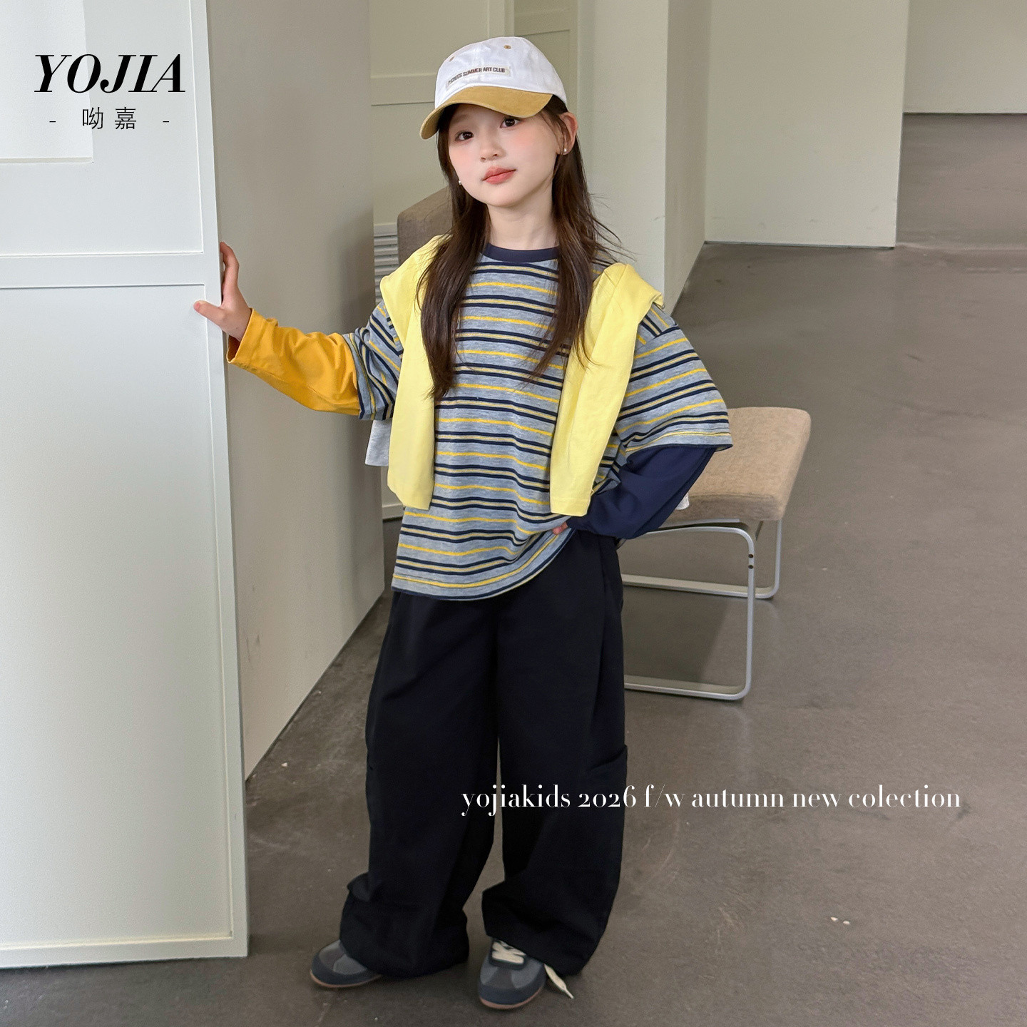 YOJIA女童长袖T恤春秋2026新款韩版条纹小女孩上衣儿童打底衫秋装