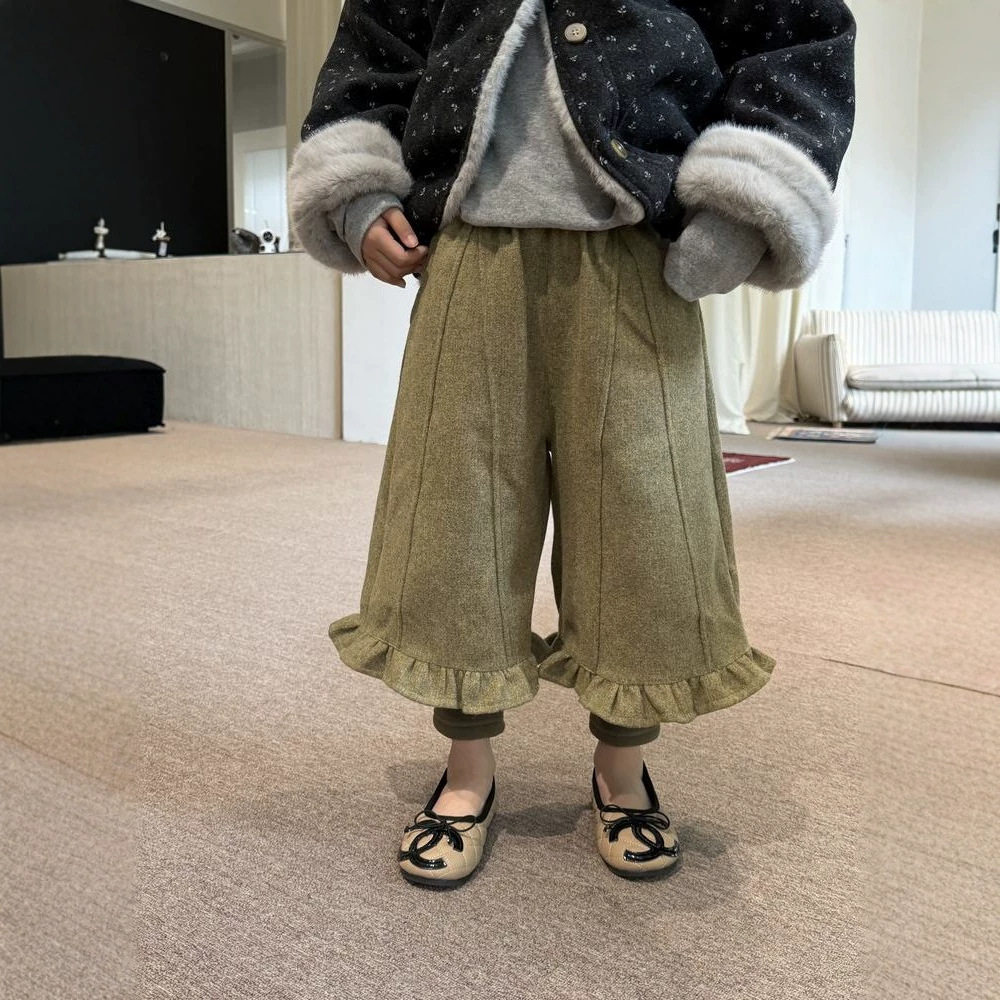 末小蒙童裤2026冬季女童韩版纯色拼接花边裤儿童加厚一体绒七分裤