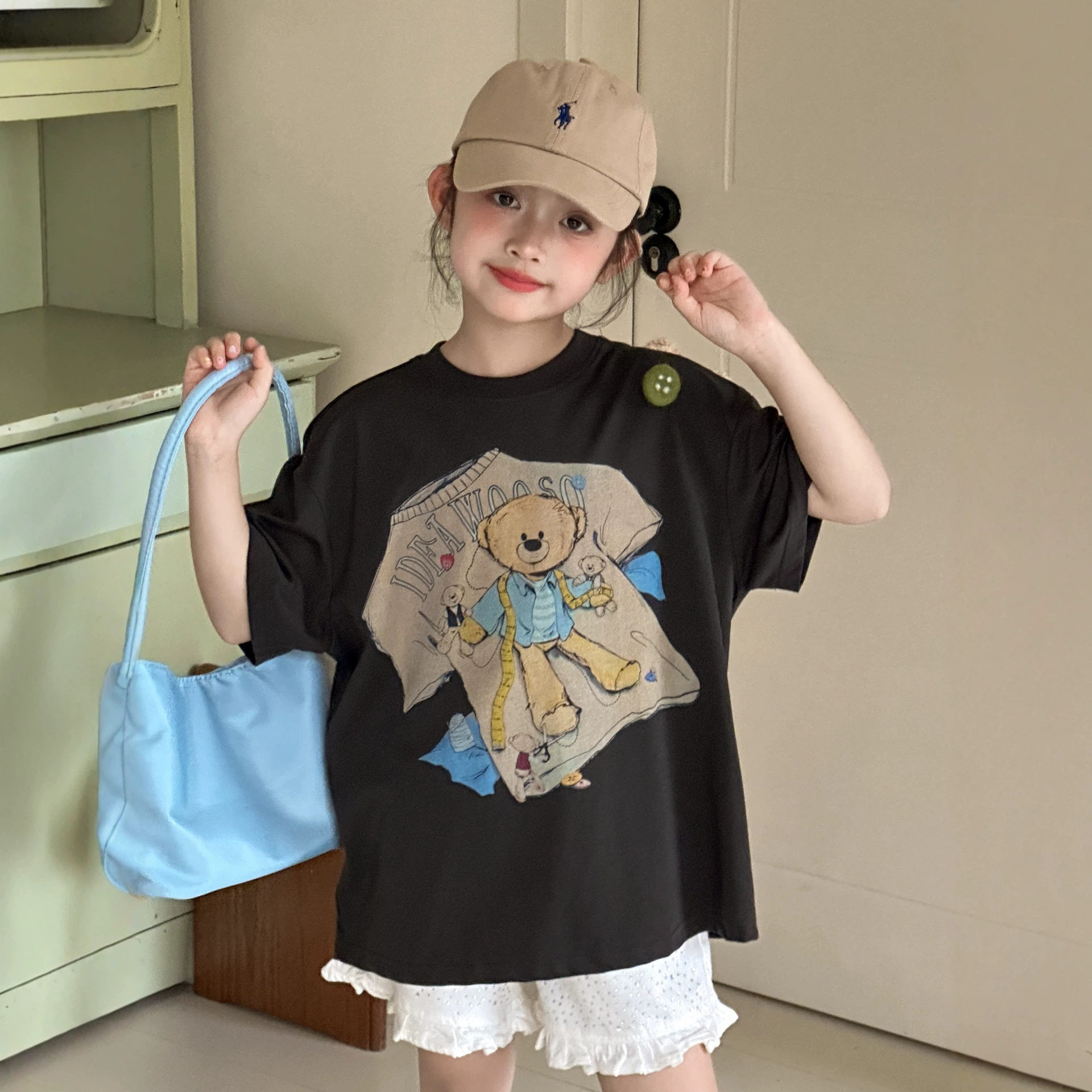小红鱼女童短袖T恤夏季薄款2026新款儿童夏季卡通小熊上衣亲子装