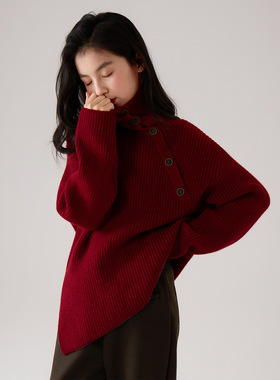 女童红色翻领斜扣毛衣2025 冬装年款儿童设计感洋气针织衫上衣潮