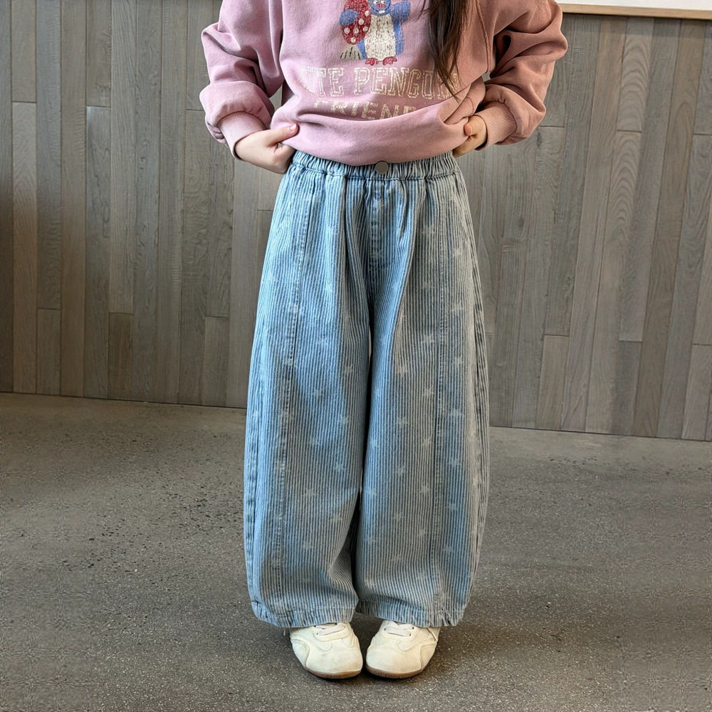 艾摩贝贝儿童氛围感竖条纹星星阔腿牛仔裤女童复古水洗休闲长裤