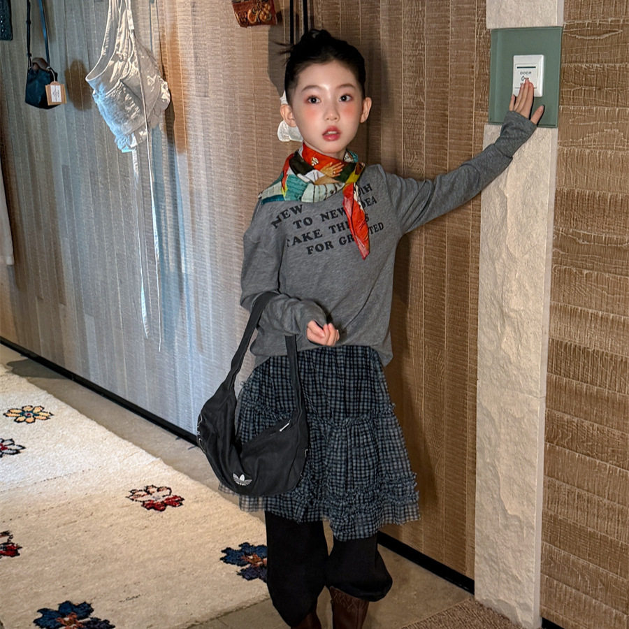花与寻童装女童休闲裤2026秋款韩系格纹网纱蛋糕裙假两件裤子潮
