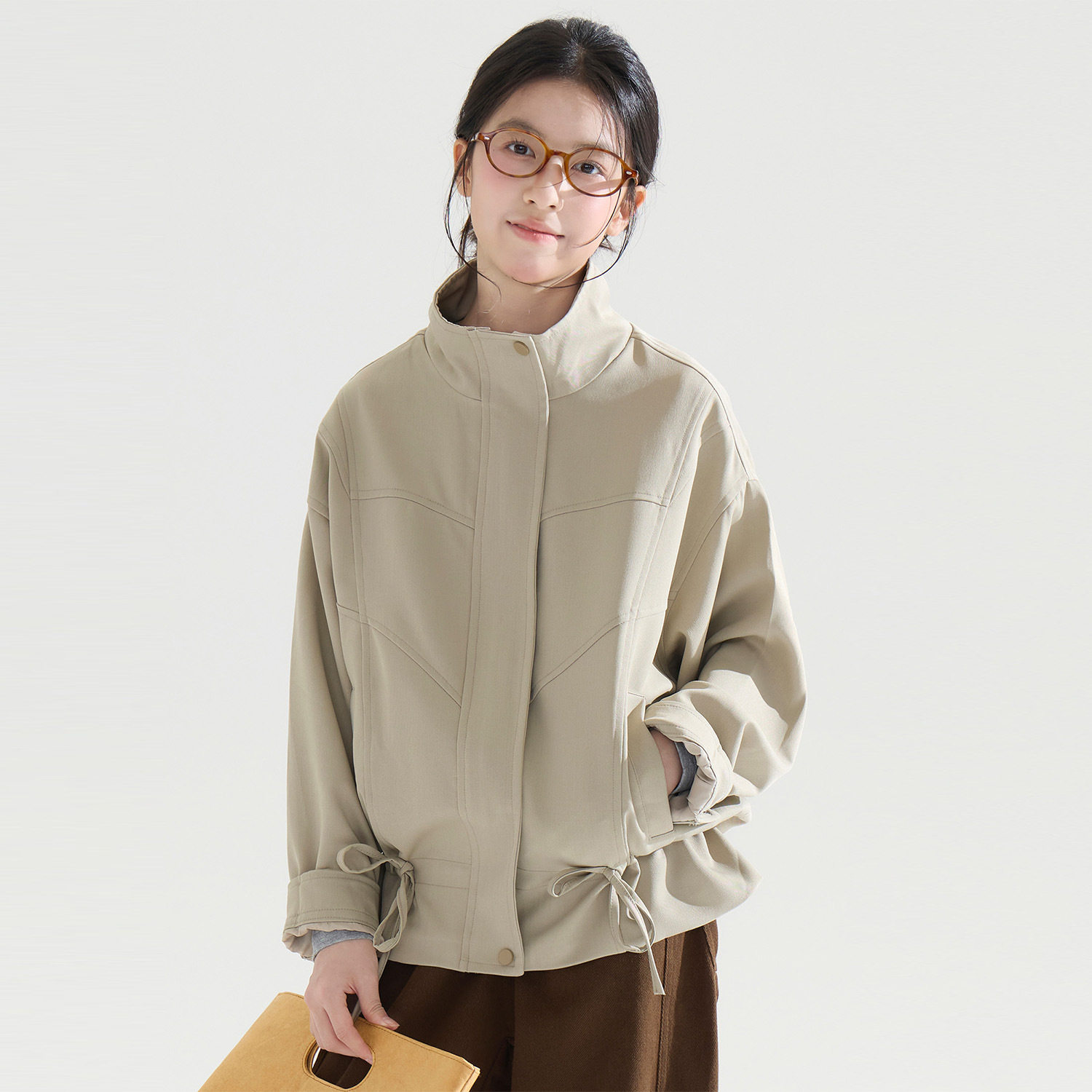 女童设计感韩系立领花苞风衣2026秋装新款儿童洋气抽绳束腰外套潮