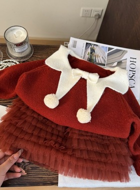 韩版童装2025新款秋冬女童毛球蝴蝶结新年毛衣红色蛋糕裙两件套潮