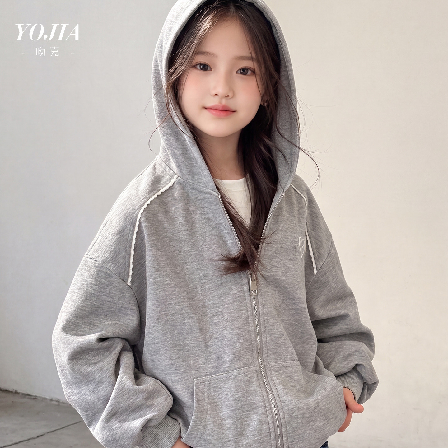 YOJIA女童连帽外套春秋2026新款洋气宽松小女孩卫衣开衫儿童秋装