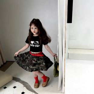 2026夏季童装女童新款黑色短袖卡通T恤儿童迷彩裙子半身裙