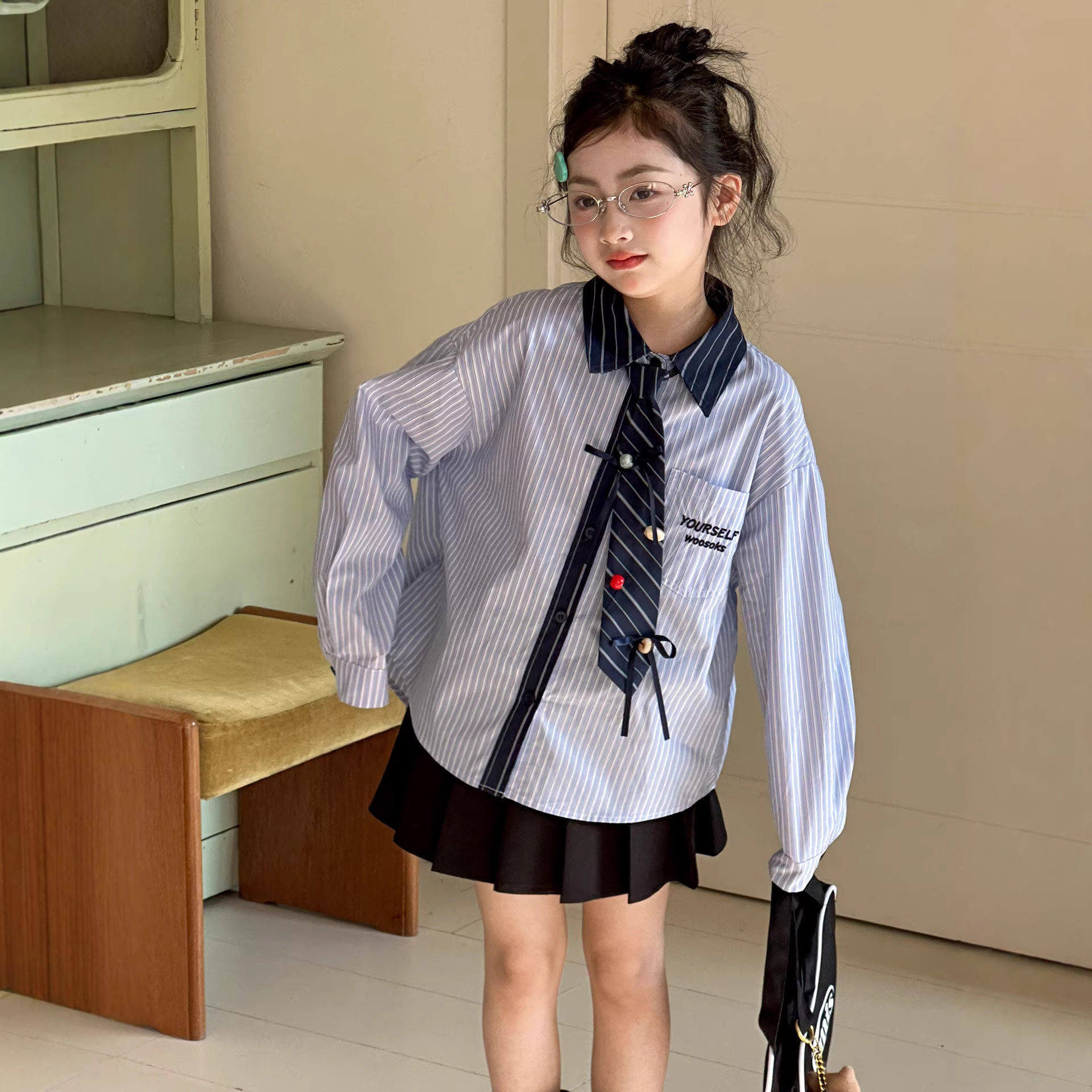 小红鱼女童春装衬衫外套2026亲子装早春穿搭上衣青少年学院风衬衣