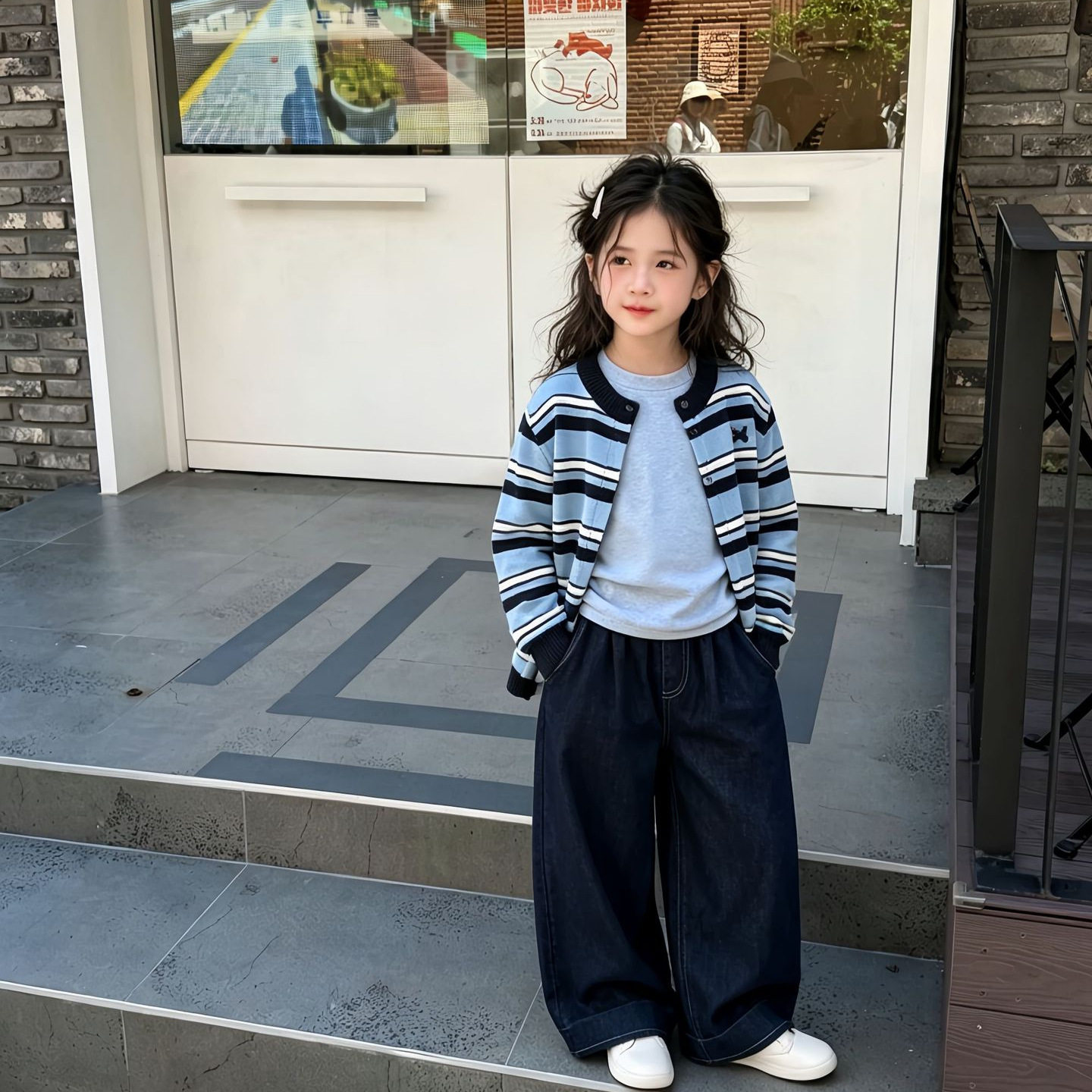秋季童装女童韩系休闲两件套中大童条纹针织上衣藏青阔腿裤套装潮