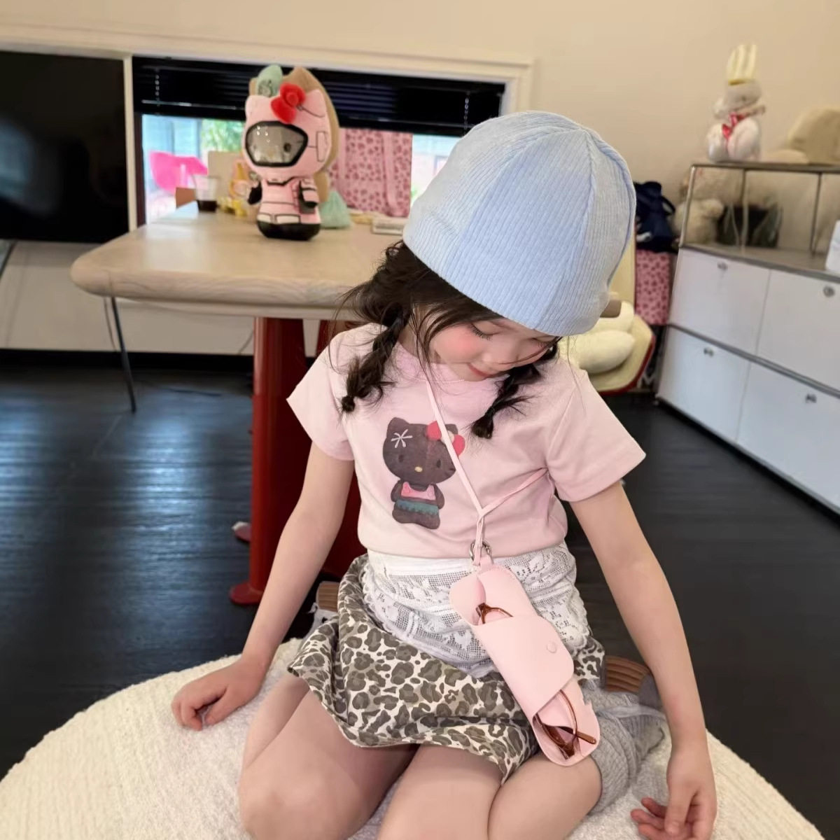 2026夏季童装女童粉色kitty猫T恤卡通短袖儿童豹纹半身裙超短裙