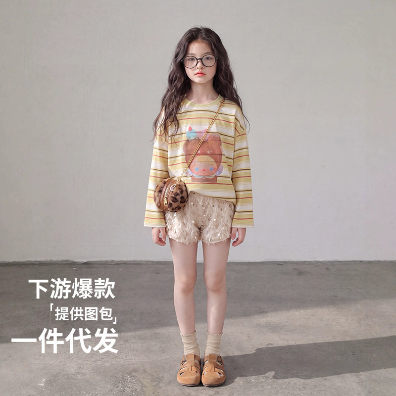 女童T恤春秋款女孩韩版洋气卡通条纹打底衫儿童秋装圆领套头上衣