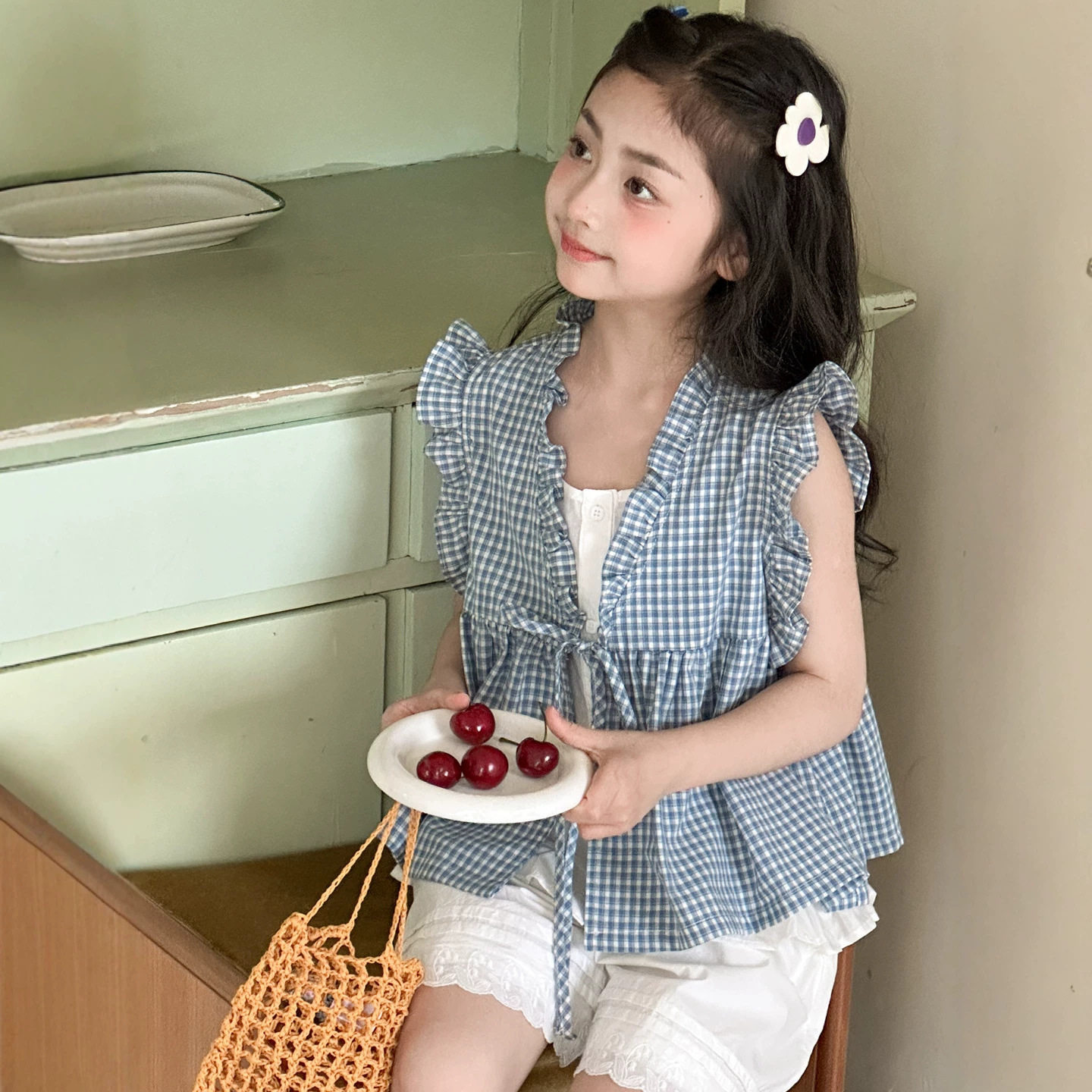 小红鱼女童无袖衬衫夏装2026亲子夏季格子开衫上衣儿童小飞袖衬衣