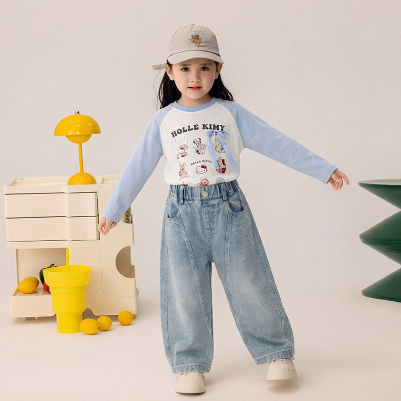 谢金毛女童春装裤子2026新款洋气儿童韩版满钻牛仔裤弯刀裤长裤儿