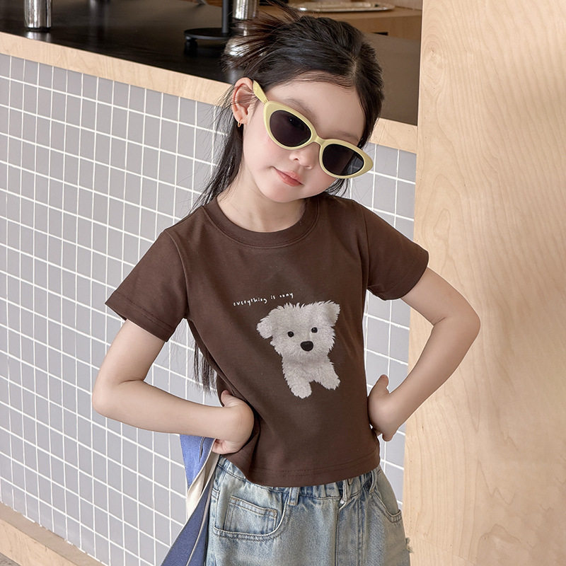 艾摩贝贝童装儿童时髦短款T恤女童夏季辣妹正肩修身小狗印花短袖