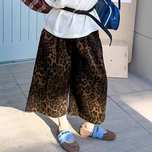 女大童童装2026春季新款女童美式复古高腰九分裤儿童豹纹直筒裤子