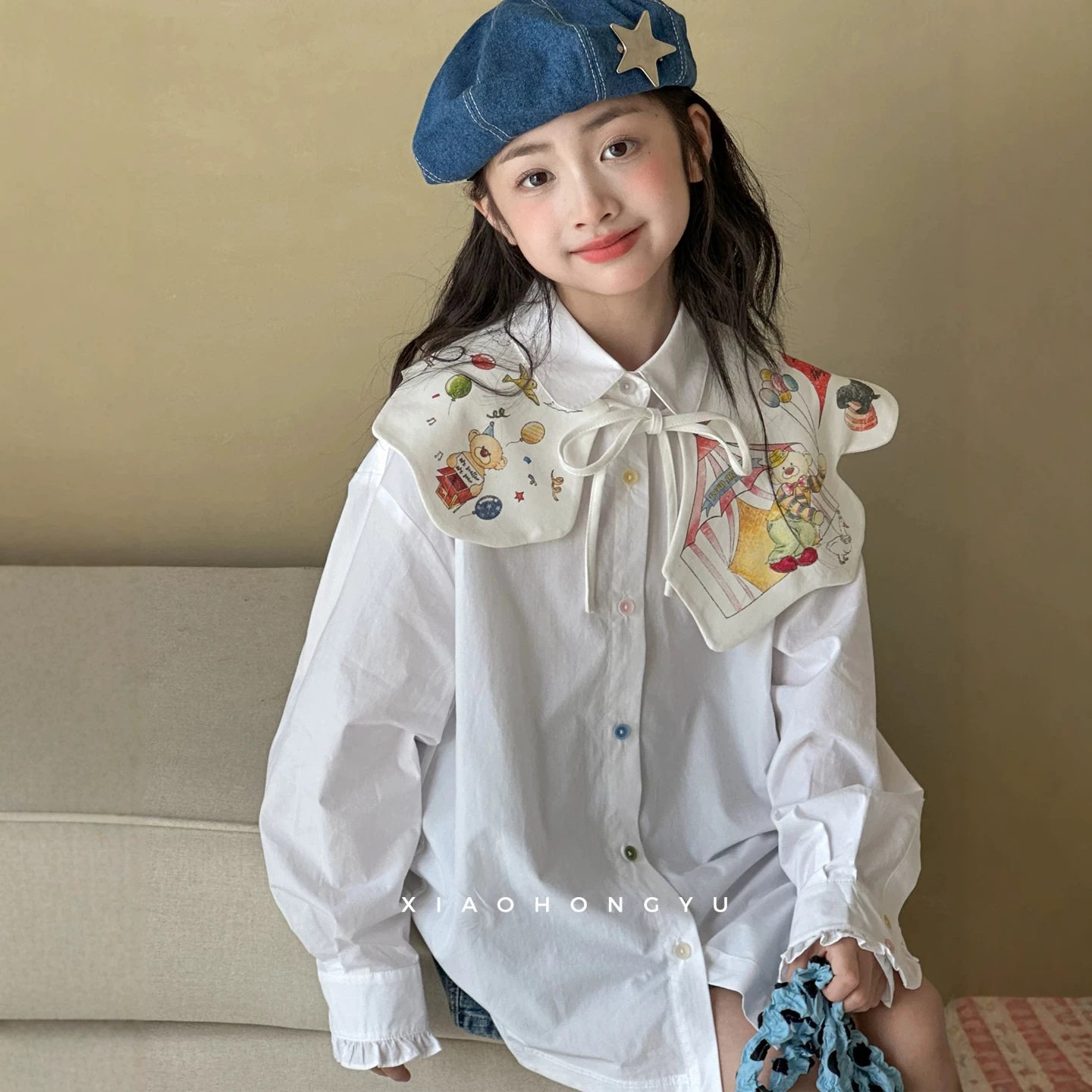 小红鱼女童卡通长袖衬衫秋装韩国童装女大童秋季亲子上衣儿童衬衣