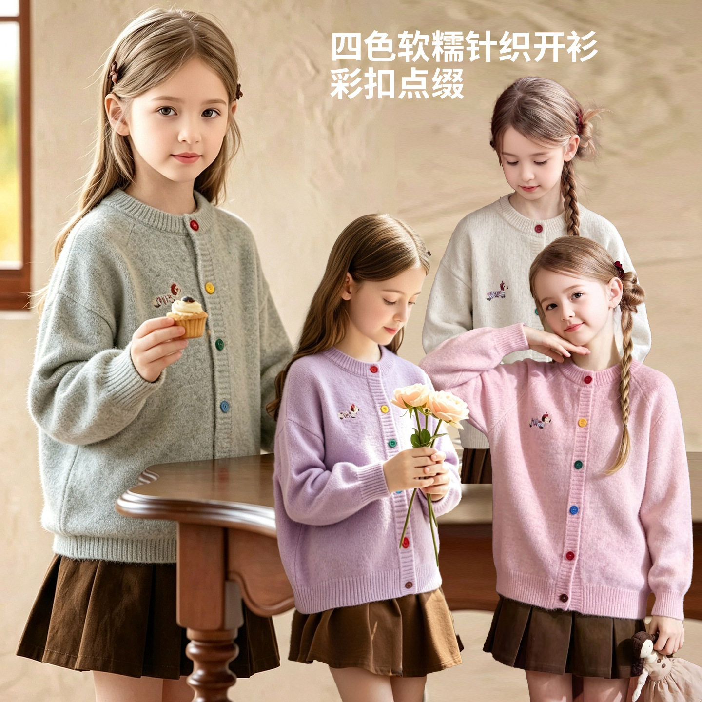 彩色扣小狗刺绣女童毛衣秋2026新款软糯设计感儿童开衫针织衫外套