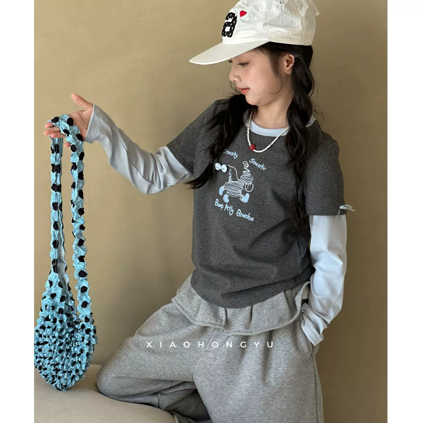 小红鱼假两件长袖T恤秋装青少年秋季独特上衣儿童装两件套亲子装
