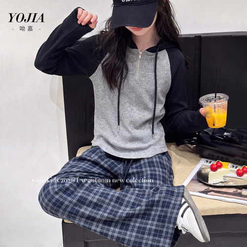 YOJIA女童打底衫秋款2026新款洋气中大童连帽上衣儿童长袖T恤秋装