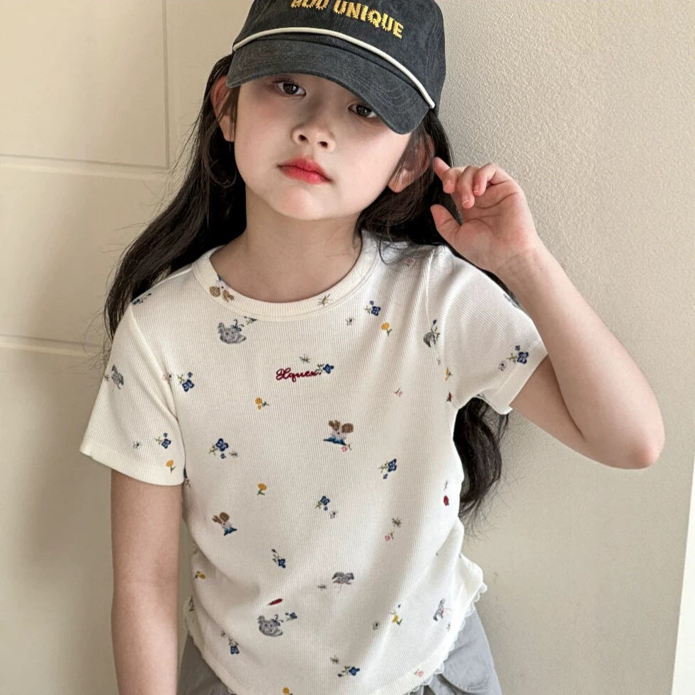 小红鱼女童短袖T恤夏装2026新款12岁女孩夏季亲子装碎花上衣衣服