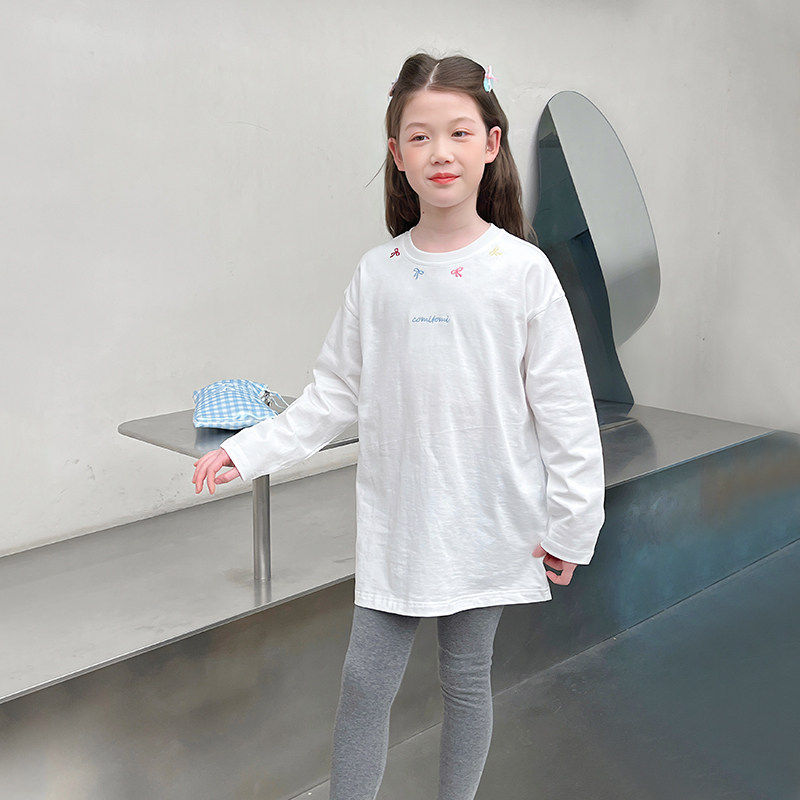 女童洋气落肩白t恤大童宽松长袖上衣儿童内搭打底2026春秋装新款