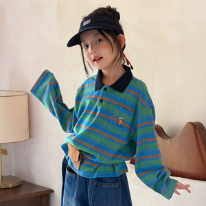 半柚童POLO衫2026秋季女童韩版卡通条纹上衣儿童翻领休闲宽松T恤