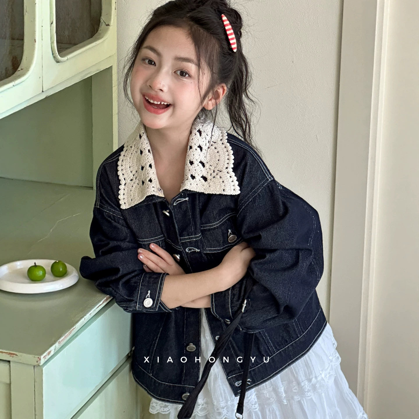 小红鱼女童牛仔外套秋装韩国童装秋季蕾丝拼接翻领上衣亲子装外衣