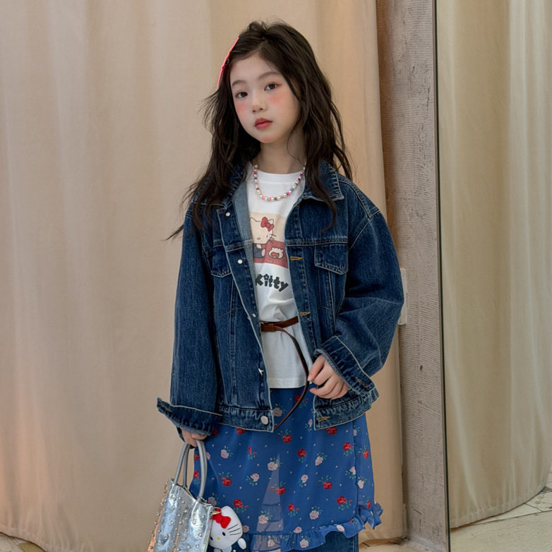 花与寻女童牛仔外套2026年春款深蓝宽松复古百搭软糯亲肤儿童夹克