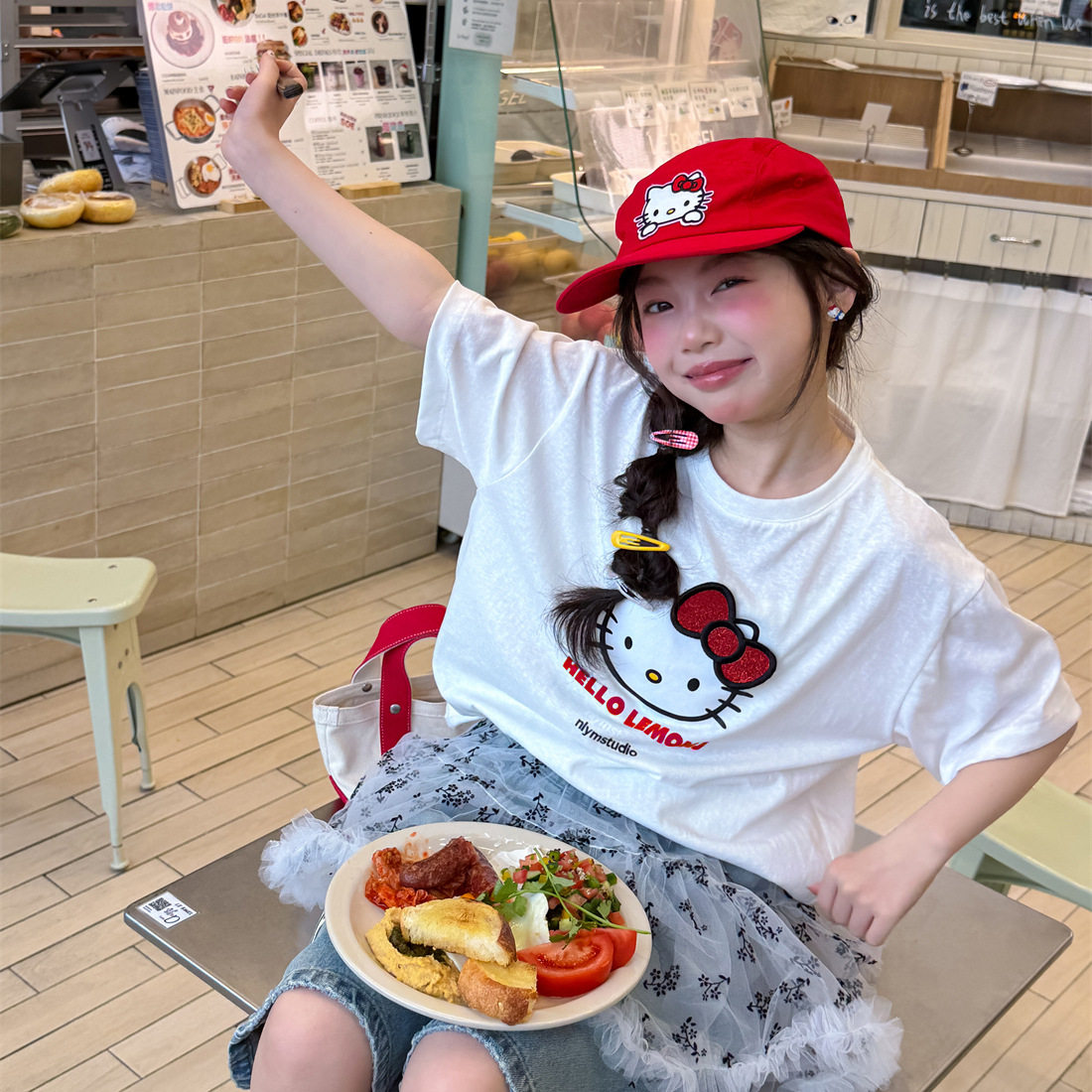 花与寻童装女童T恤2026年夏季新款韩版KT猫印花t可爱少女精梳棉潮