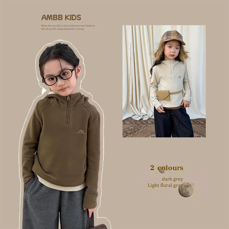 【发热绒】儿童防风保暖连帽衫上衣2025冬女童锁温半拉链毛绒卫衣