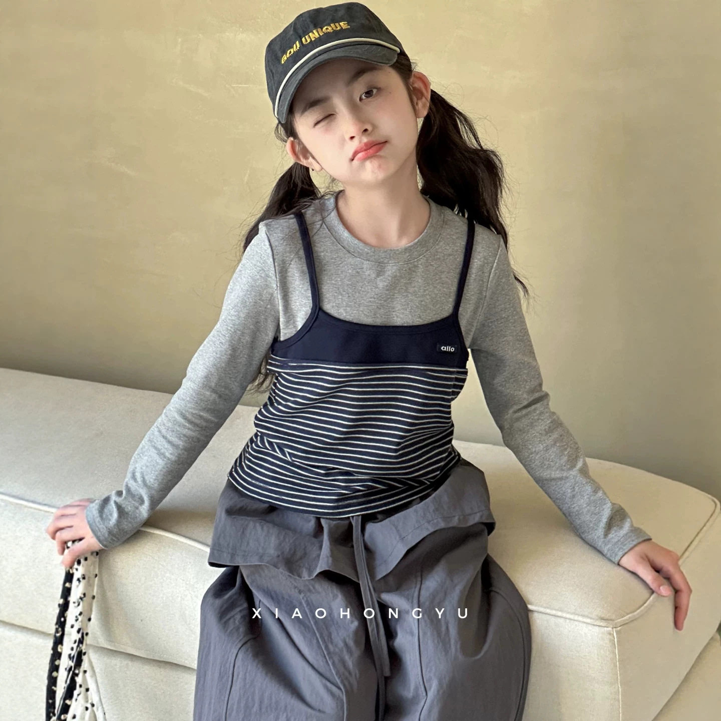 小红鱼女童拼接长袖T恤秋装秋季独特亲子装上衣儿童洋气时髦童装