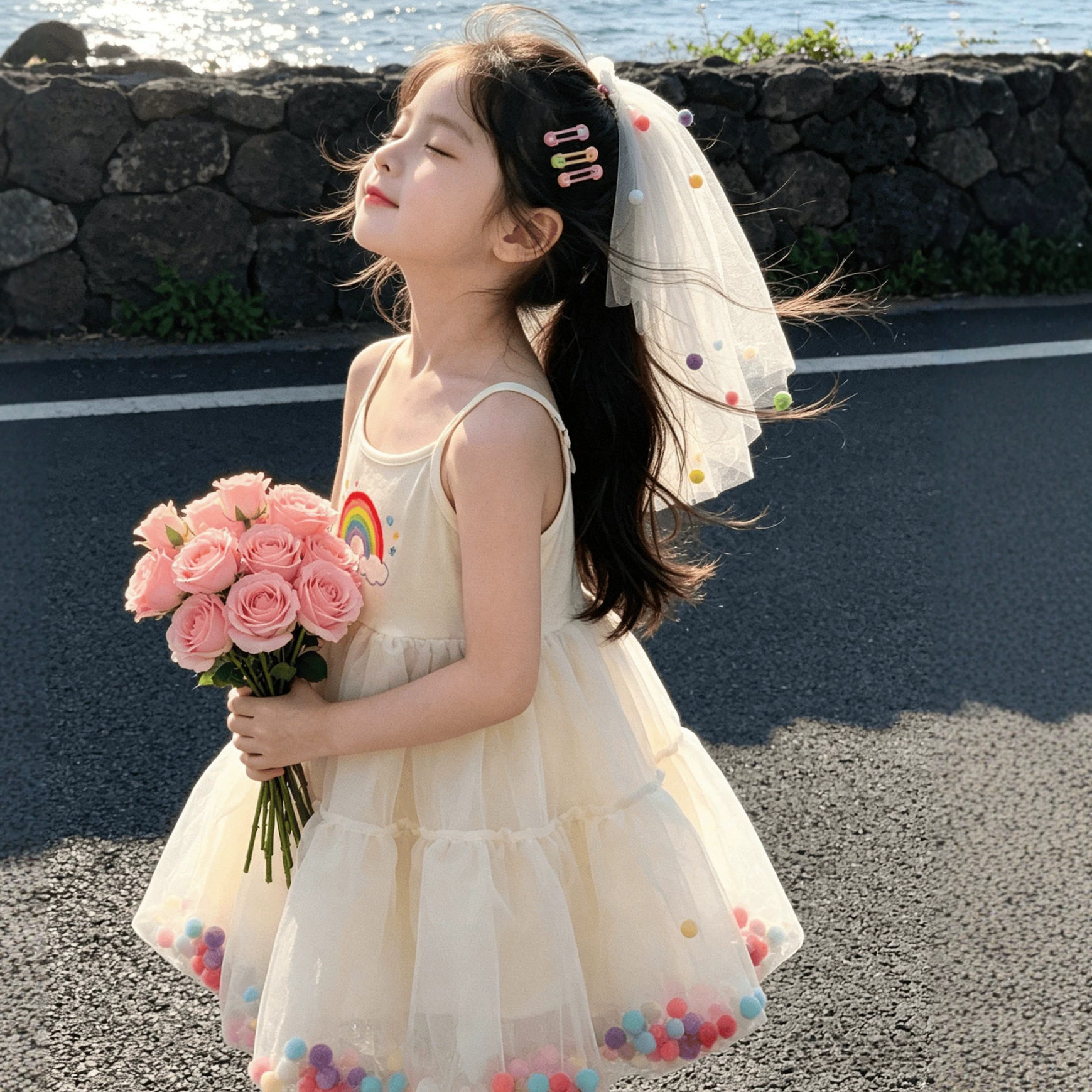 女童彩虹印花吊带公主裙2026夏季新款儿童甜美网纱蓬蓬连衣裙纱裙