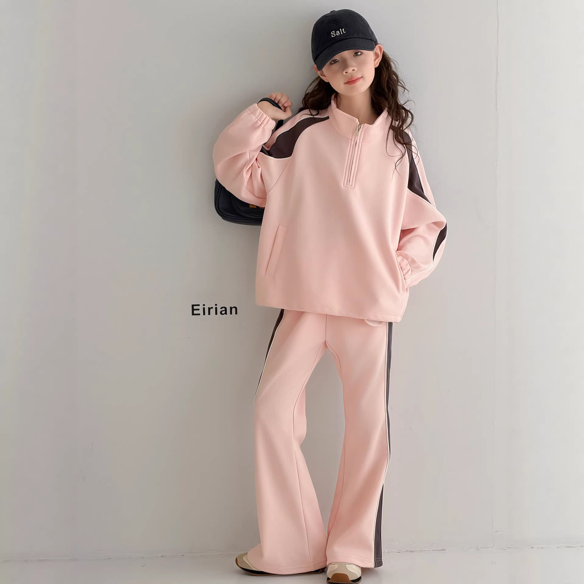 女童春款2026新款女大童洋气中大童撞色半拉链卫衣阔腿裤运动套装