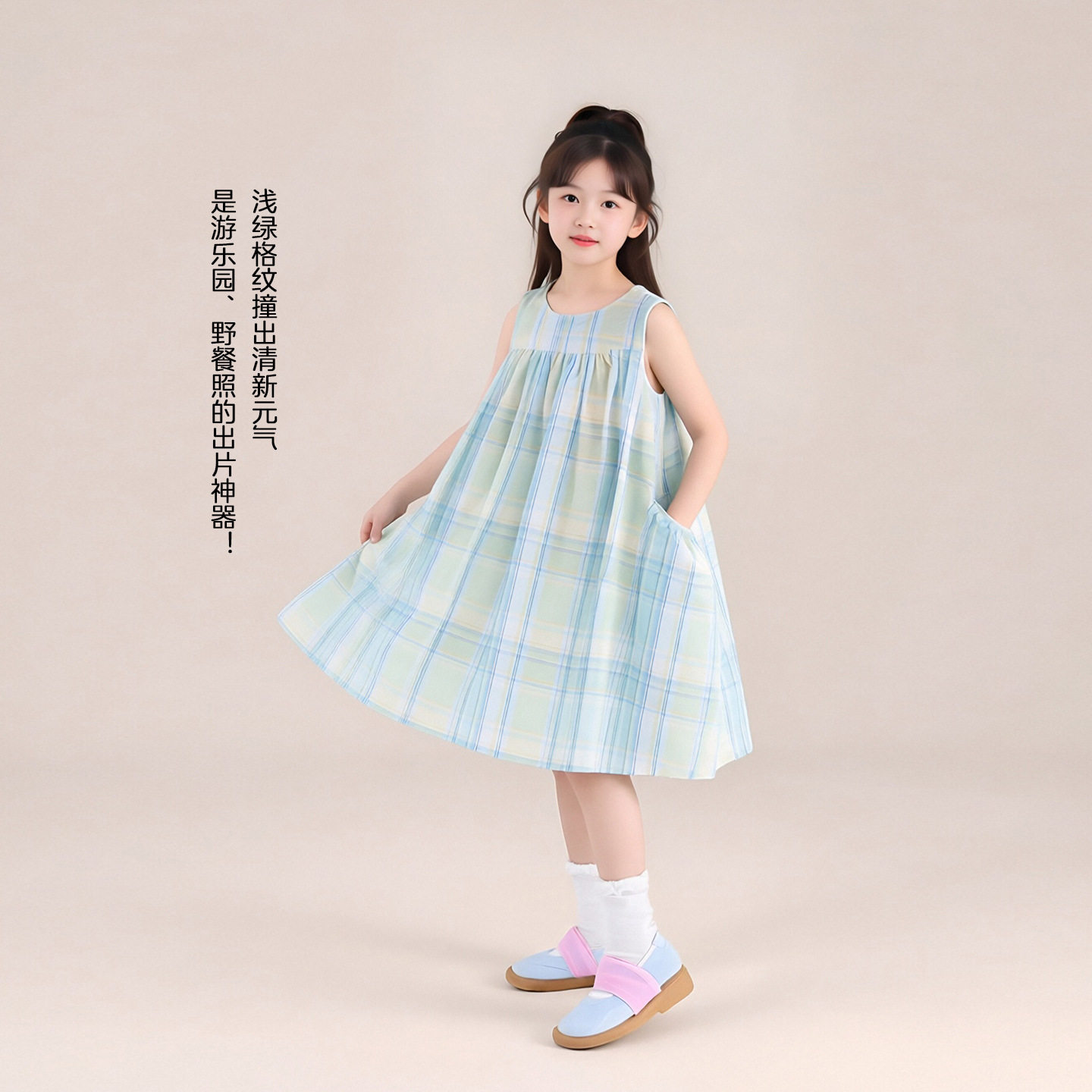 图图小象童装女童连衣裙2026春夏款无袖格纹A字裙轻薄透气背心裙