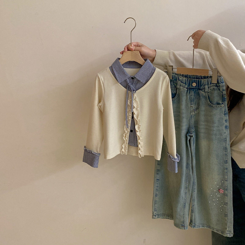 女童木耳边针织开衫假两件显瘦上衣春秋款儿童百搭烫钻牛仔裤套装