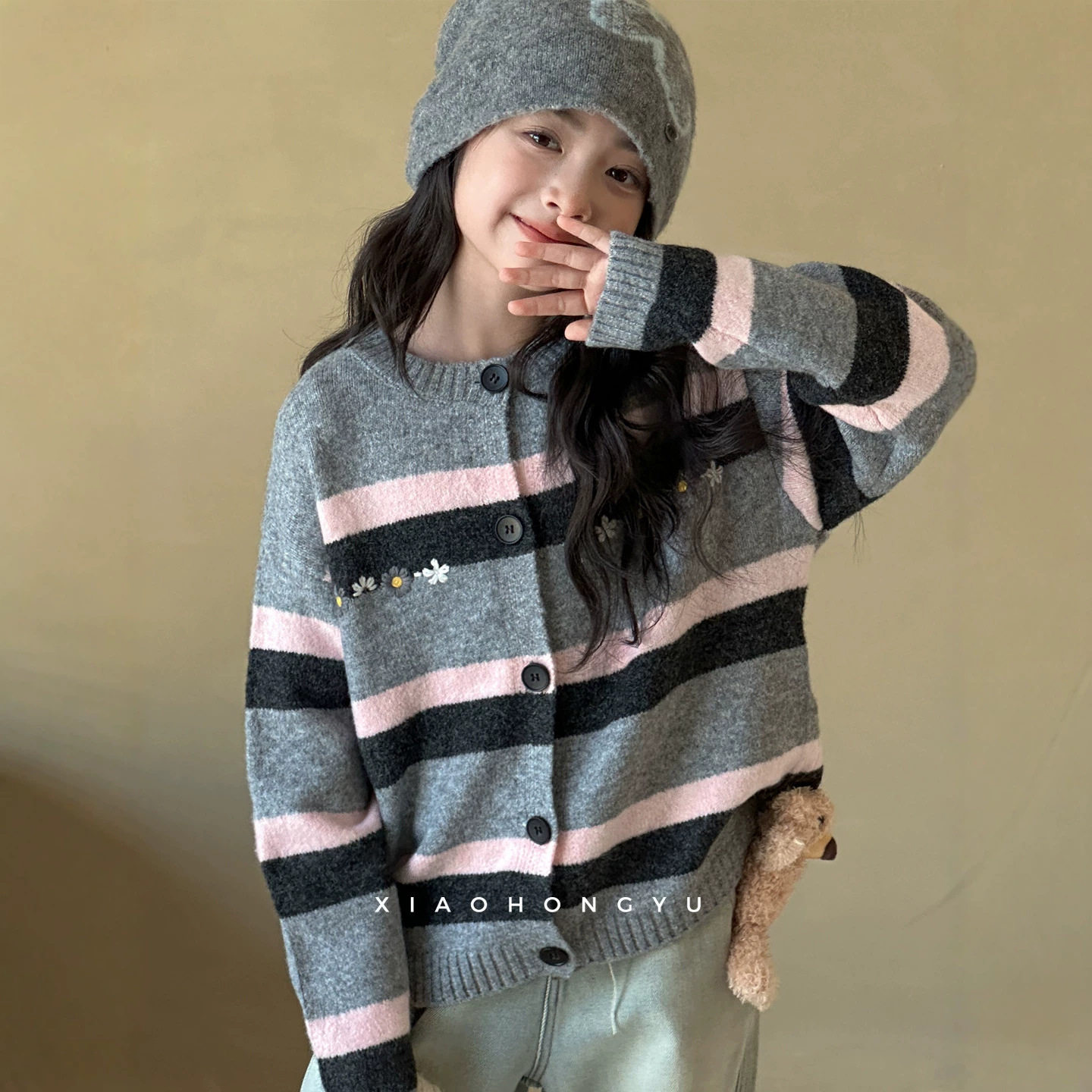 小红鱼女童条纹针织开衫外套韩国童装洋气女孩秋季毛衣时髦亲子装