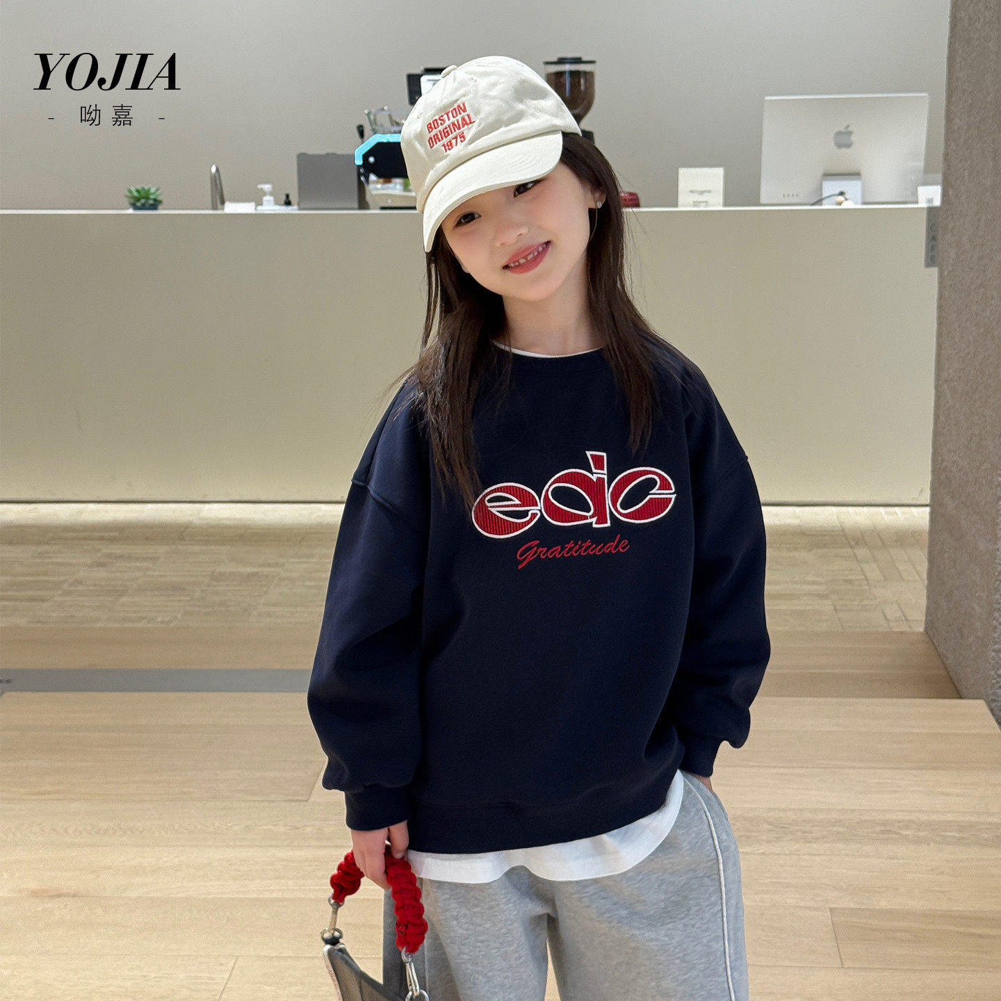 YOJIA女童卫衣春装2026新款圆领宽松大童装长袖上衣儿童衣服春秋