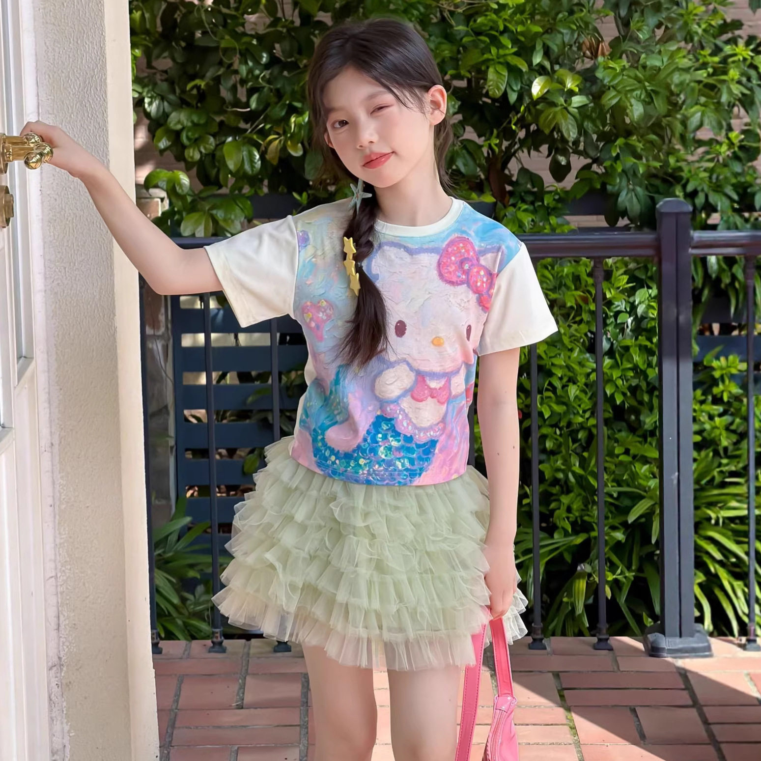 女童韩系甜美油画风KT猫美人鱼短袖T恤2026夏季新款儿童纯棉上衣