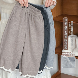 洋气儿童休闲裤 加绒蕾丝花边束脚裤 潮 子550克加厚羊绒冬季 女童裤