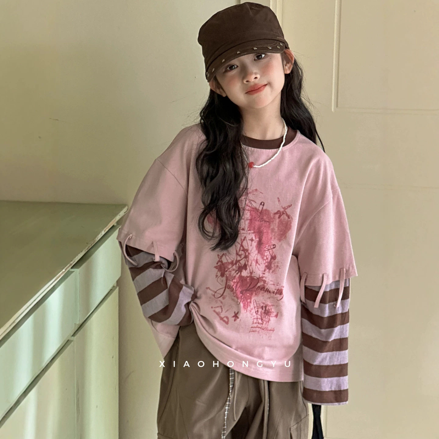 小红鱼女童卡通长袖T恤秋装秋季粉色上衣初中生女孩亲子装打底衫